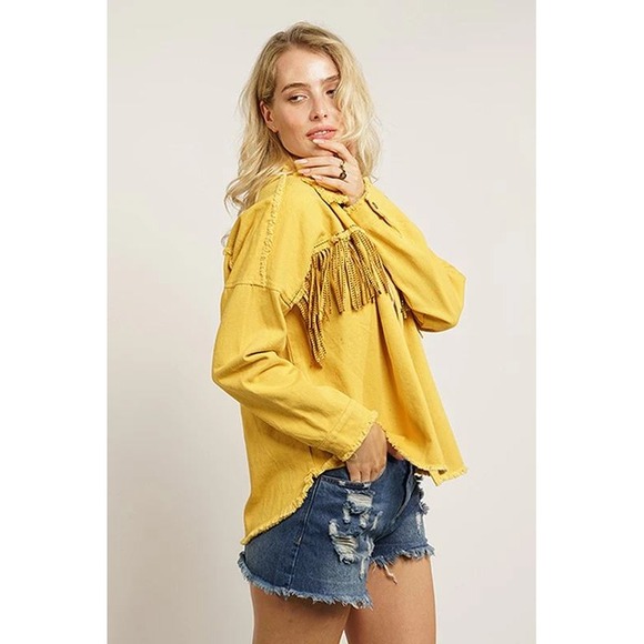 GeeGee NEW Mustard Fringe Western Boho Indie Long Sleeve Button Down Shacket - Picture 3 of 4